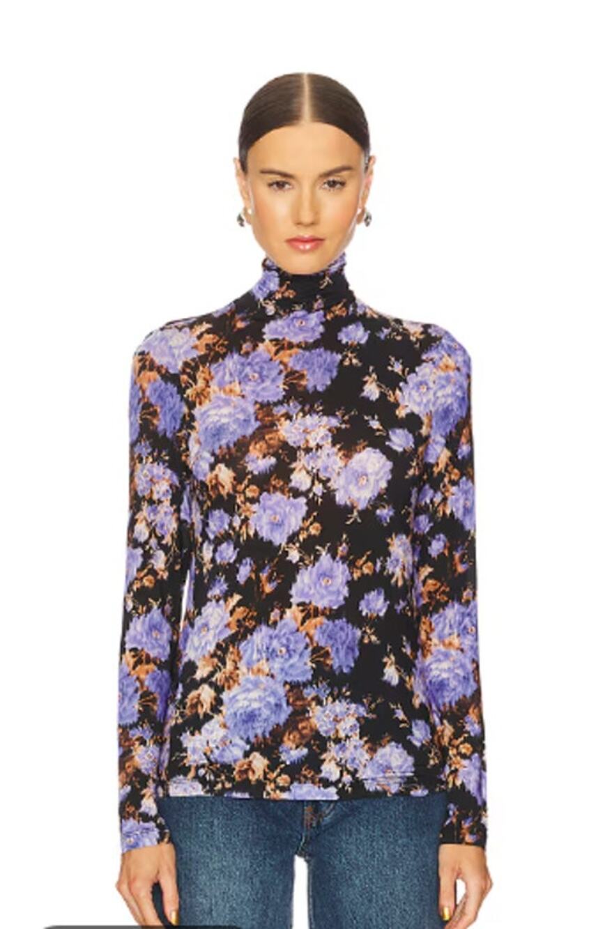Ulla Johnson Aurelia Jersey Turtle Neck Iris Black Purple Floral Blouse Medium